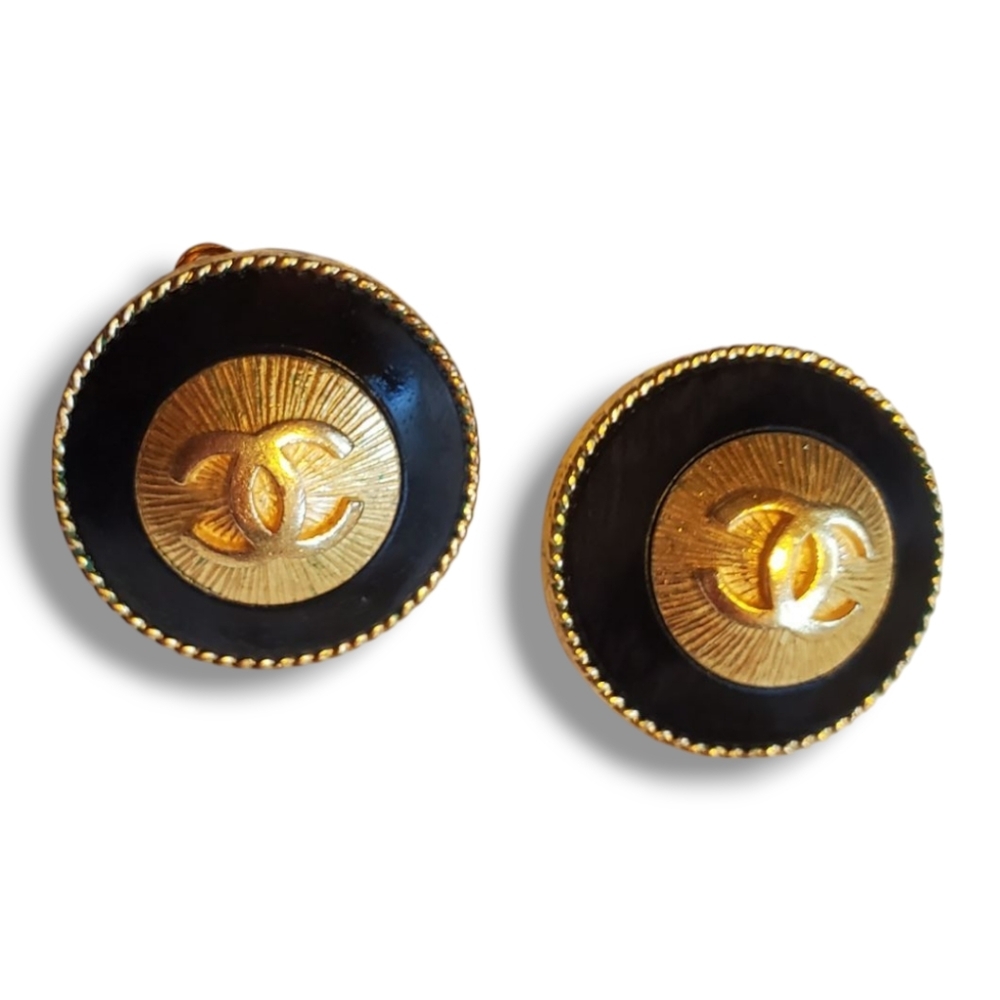 CHANEL Vintage Gold Sunburst CC Logo & Wood Clip Y2K Earrings CHANEL 93A France - Picture 8 of 17
